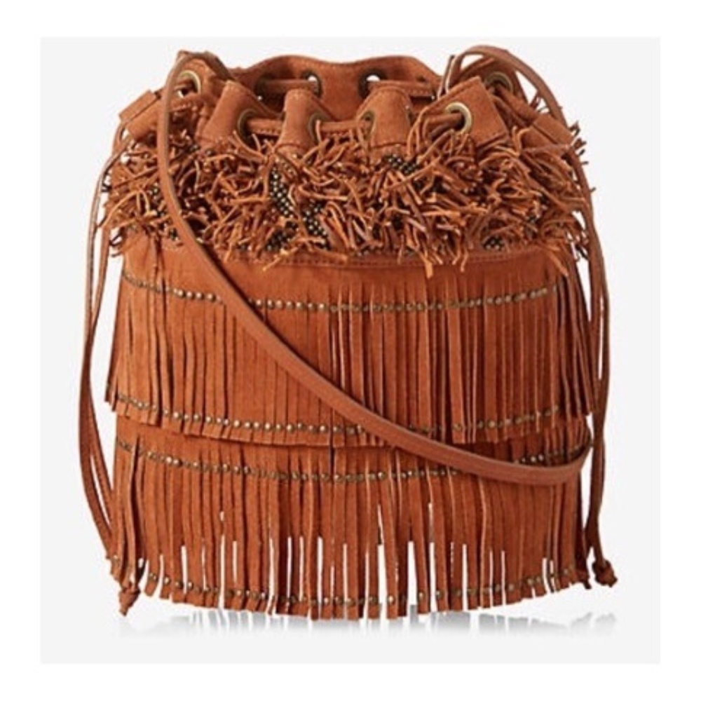 Brown Genuine Suede Fringe Cross Body Studded Bag